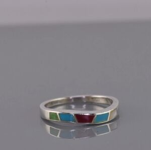 Elegant Multicolor Inlay Najavo Designer Silver Band Ring